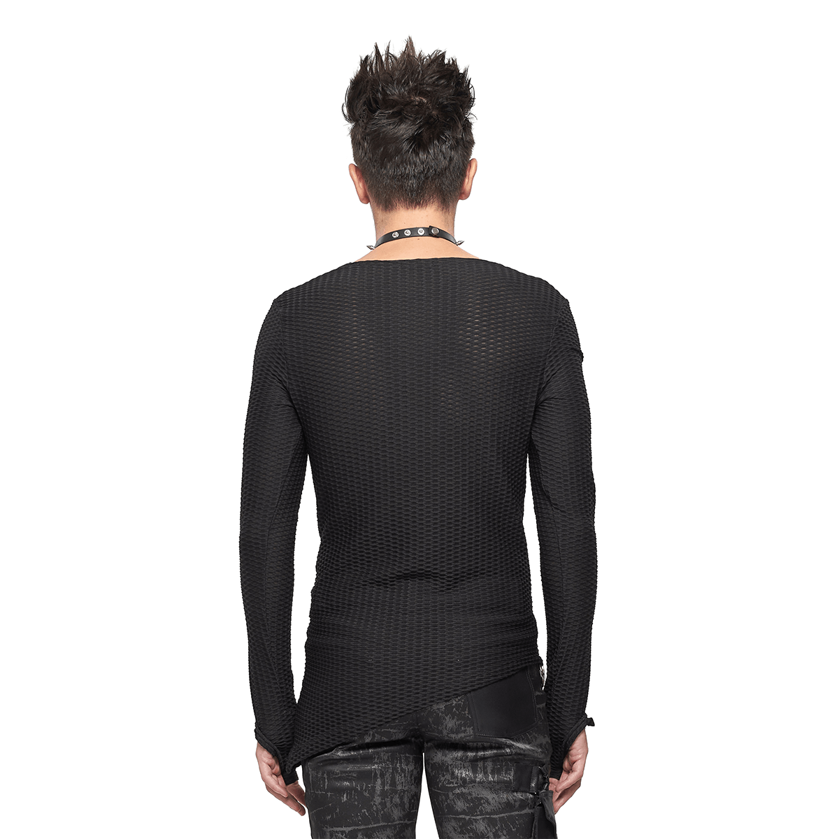 Gothic Punk Asymmetric Sweatshirt with Lace Up / Male Mesh Long Sleeve Black Top