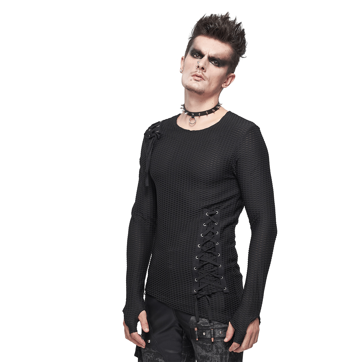 Gothic Punk Asymmetric Sweatshirt with Lace Up / Male Mesh Long Sleeve Black Top