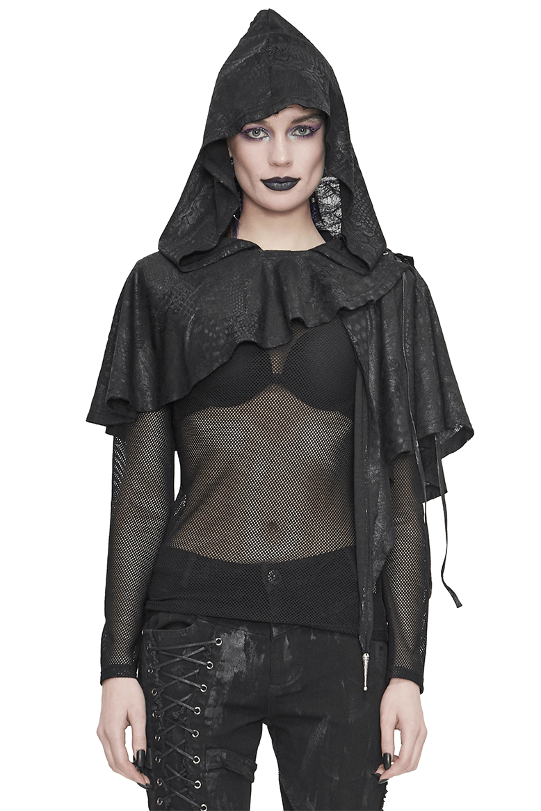 Gothic Punk Asymmetrical Hooded Cape / Women's Black Short Cape With Lace-up
