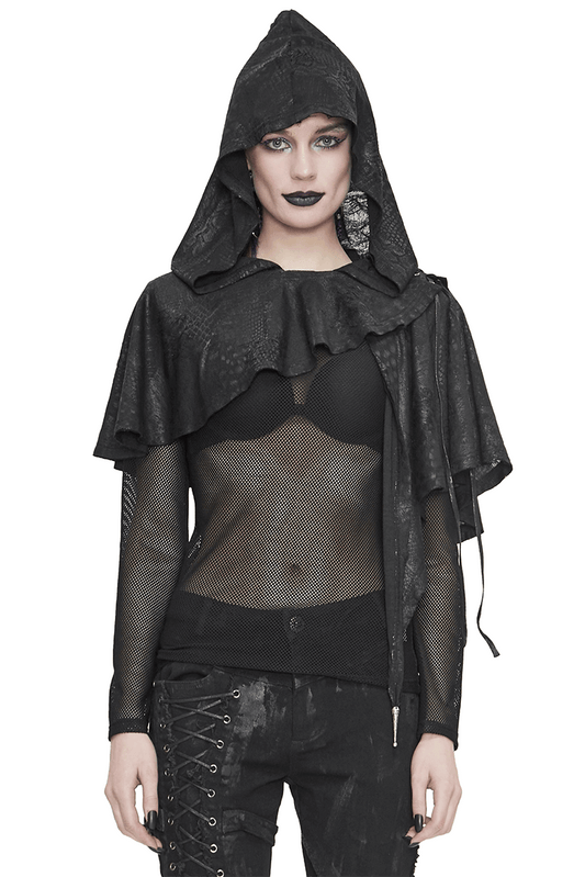 Gothic Punk Asymmetrical Hooded Cape / Women's Black Short Cape With Lace-up