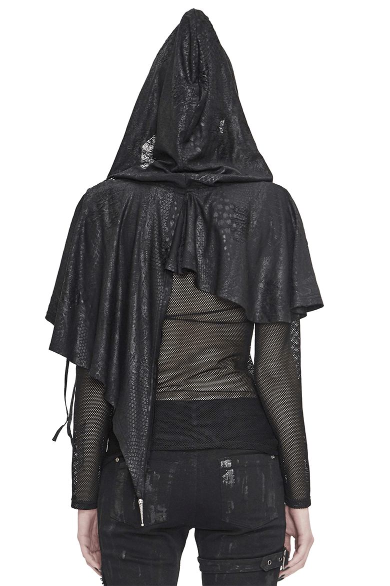Gothic Punk Asymmetrical Hooded Cape / Women's Black Short Cape With Lace-up