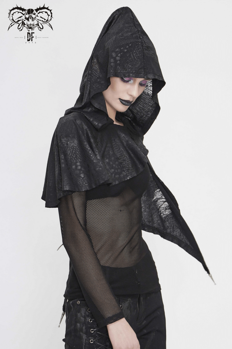 Gothic Punk Asymmetrical Hooded Cape / Women's Black Short Cape With Lace-up