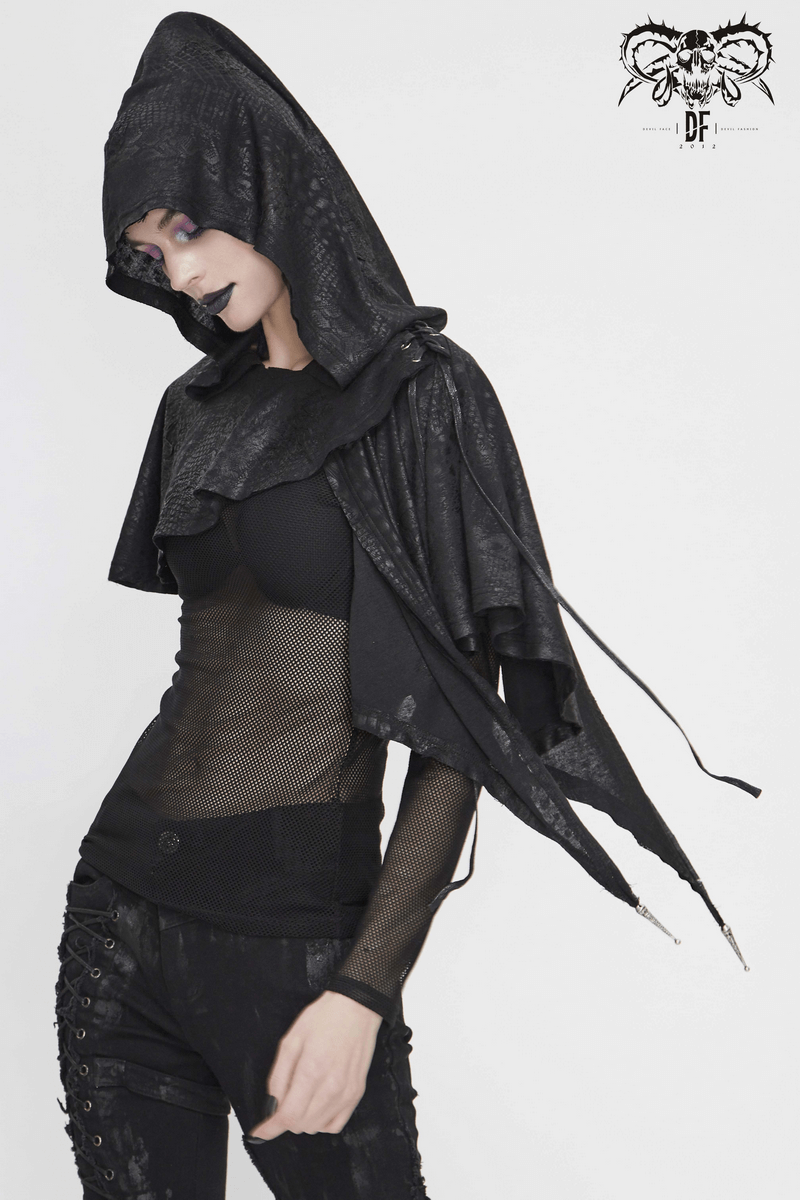 Gothic Punk Asymmetrical Hooded Cape / Women's Black Short Cape With Lace-up