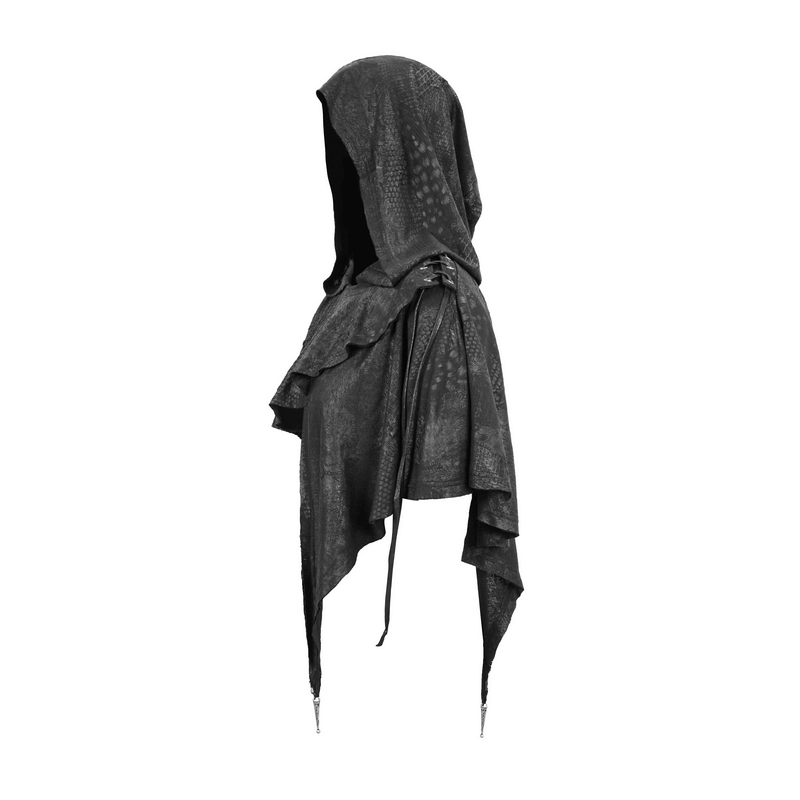 Gothic Punk Asymmetrical Hooded Cape / Women's Black Short Cape With Lace-up