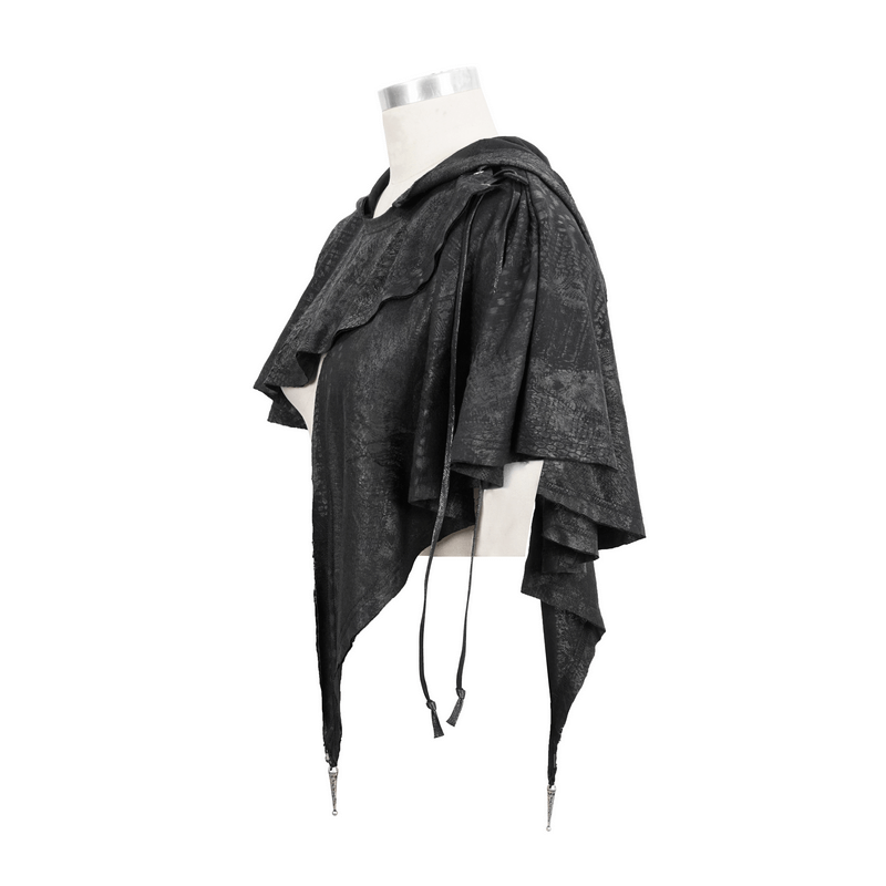 Gothic Punk Asymmetrical Hooded Cape / Women's Black Short Cape With Lace-up