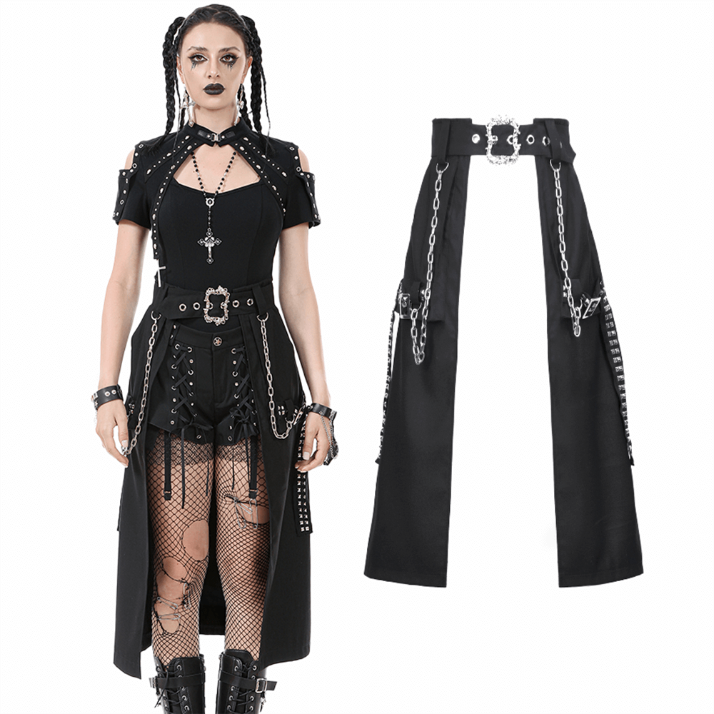 Gothic Punk Belted Skirt with Chains and Buckle Detail