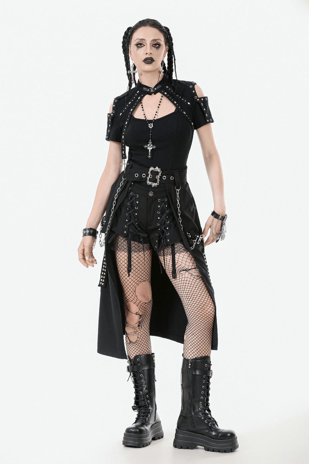 Gothic Punk Belted Skirt with Chains and Buckle Detail
