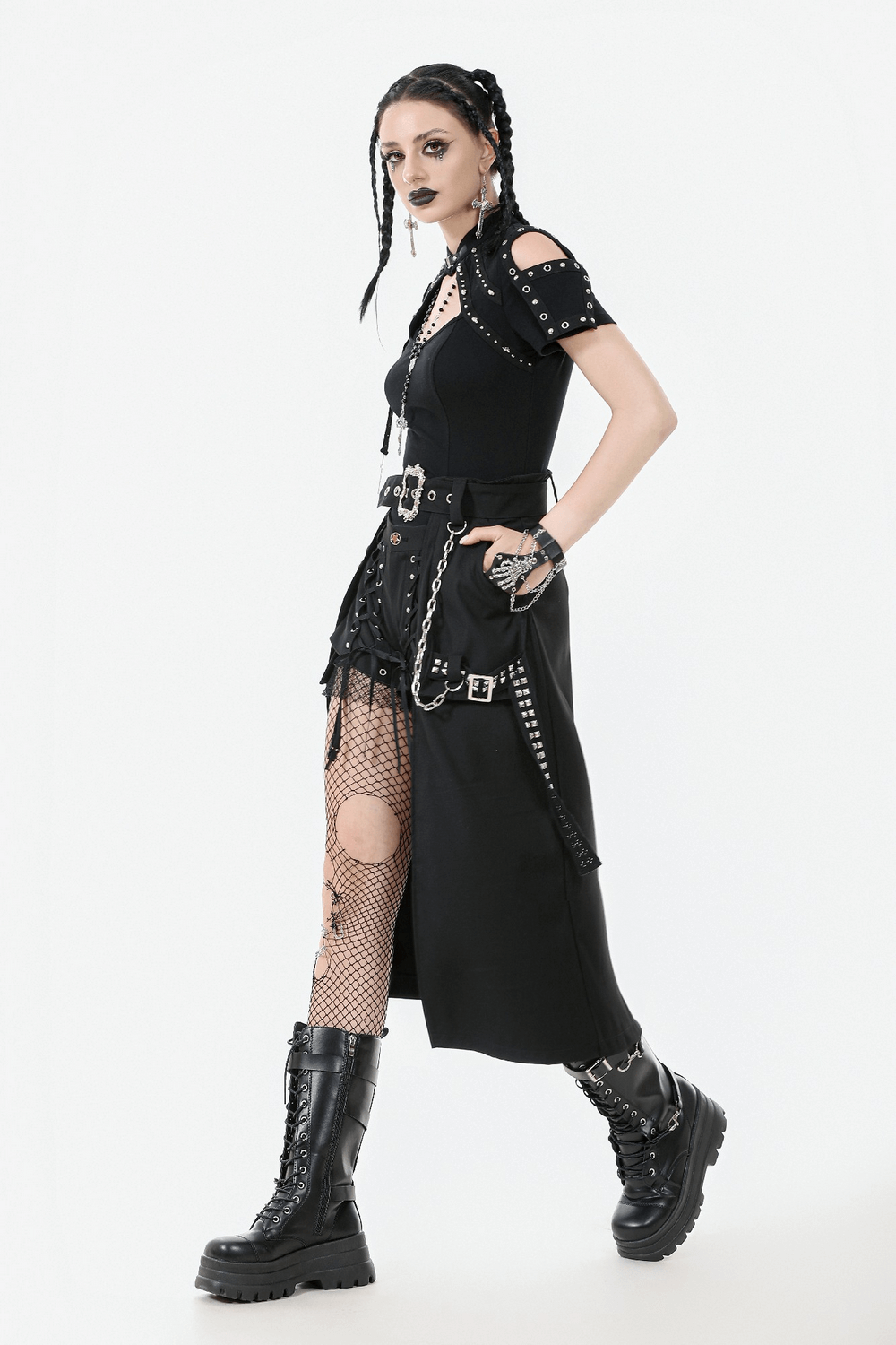 Gothic Punk Belted Skirt with Chains and Buckle Detail