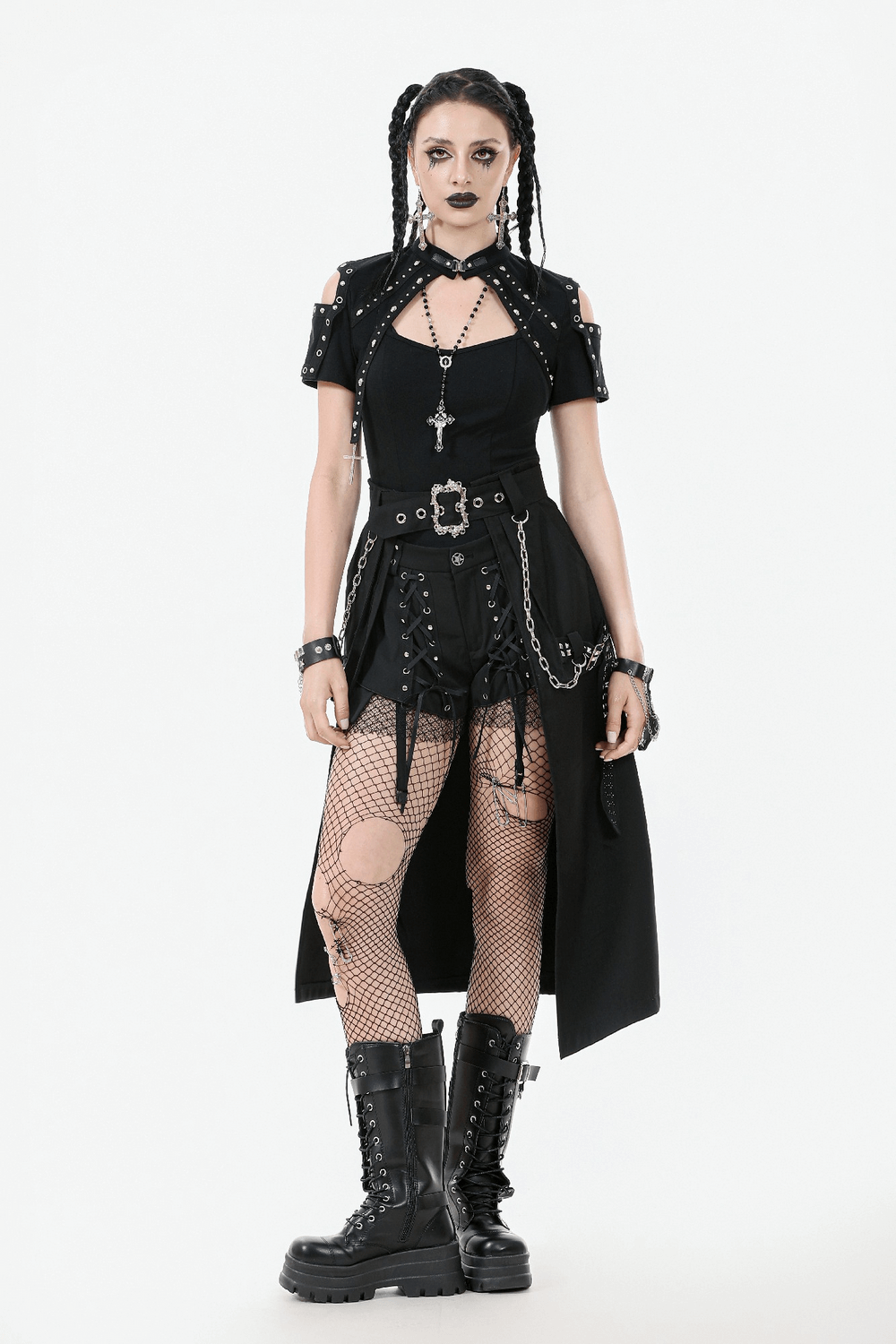Gothic Punk Belted Skirt with Chains and Buckle Detail