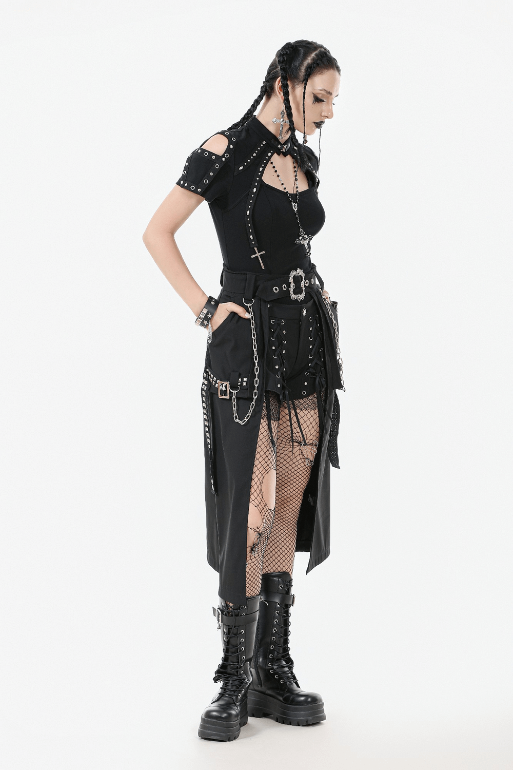 Gothic Punk Belted Skirt with Chains and Buckle Detail