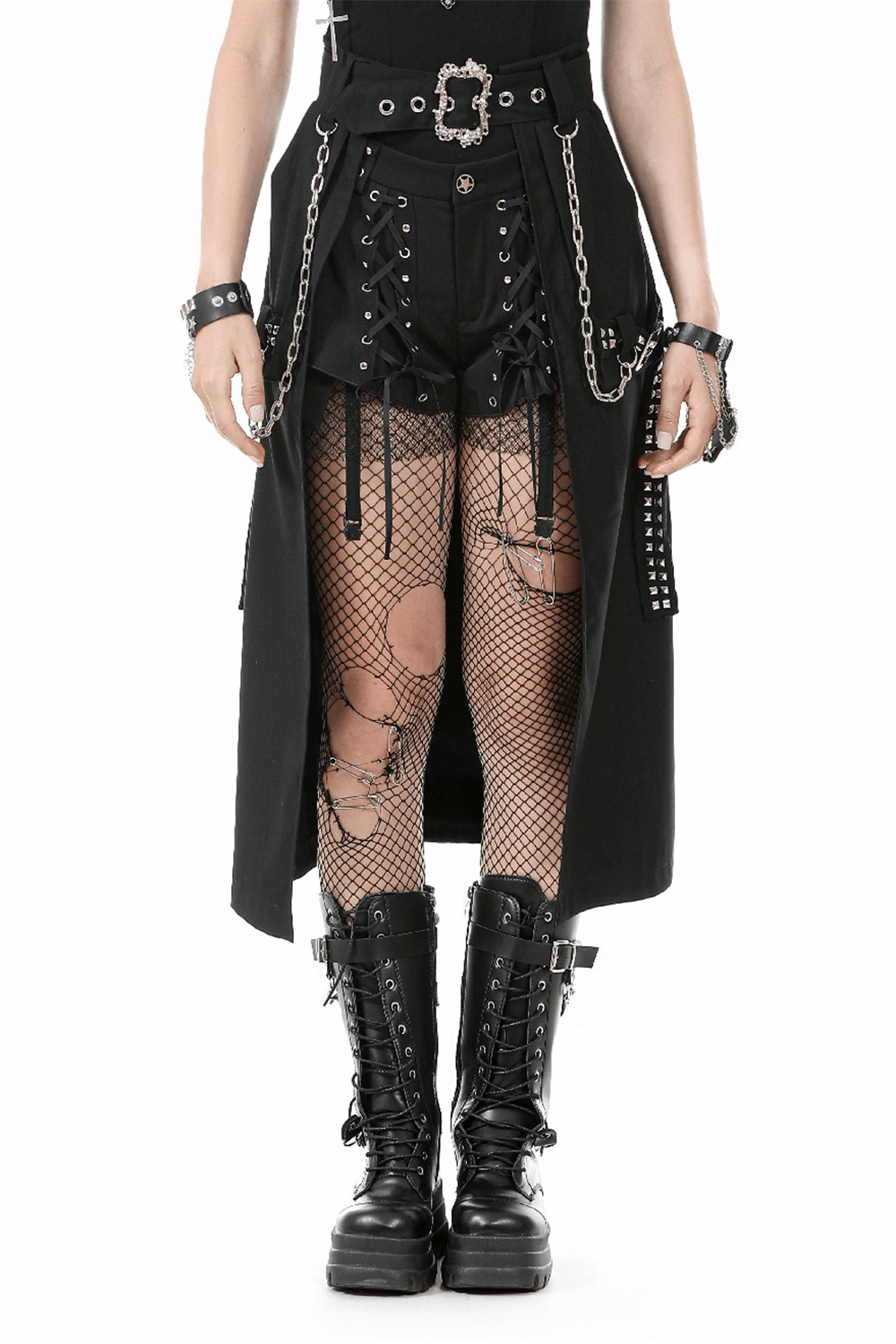 Gothic Punk Belted Skirt with Chains and Buckle Detail