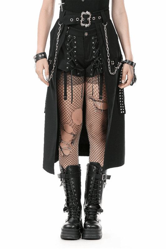 Gothic Punk Belted Skirt with Chains and Buckle Detail