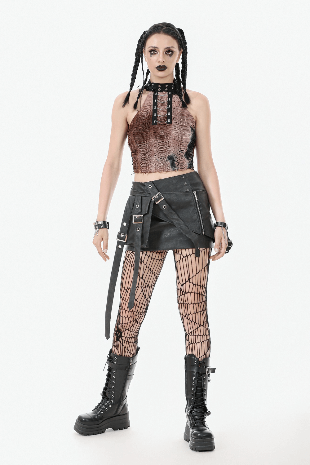 Gothic Punk Black Faux Leather Mini Skirt with Belts
