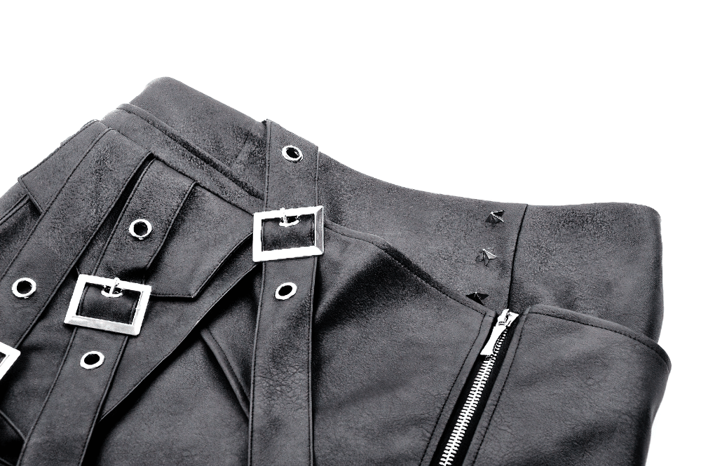 Gothic Punk Black Faux Leather Mini Skirt with Belts