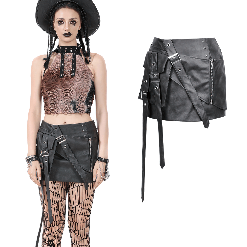 Gothic Punk Black Faux Leather Mini Skirt with Belts