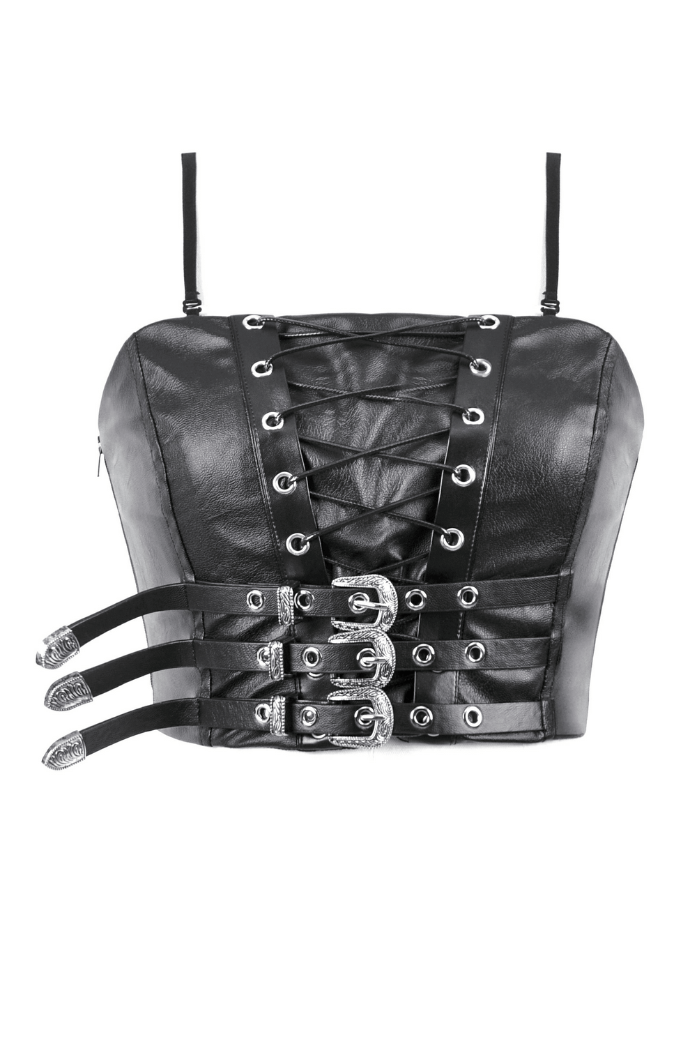 Gothic Punk Faux Leather Buckle and Lace Up Corset Top