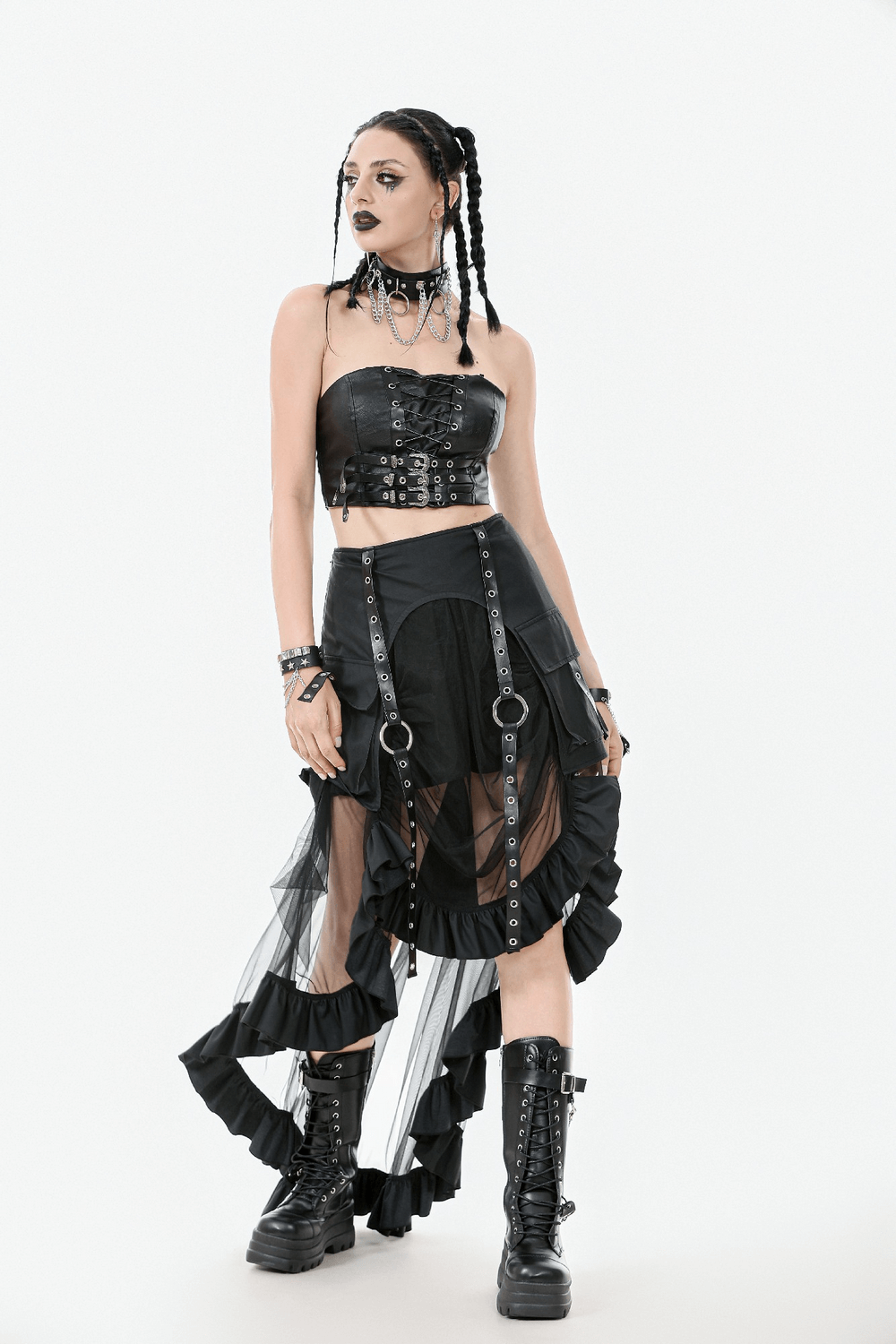 Gothic Punk Faux Leather Buckle and Lace Up Corset Top