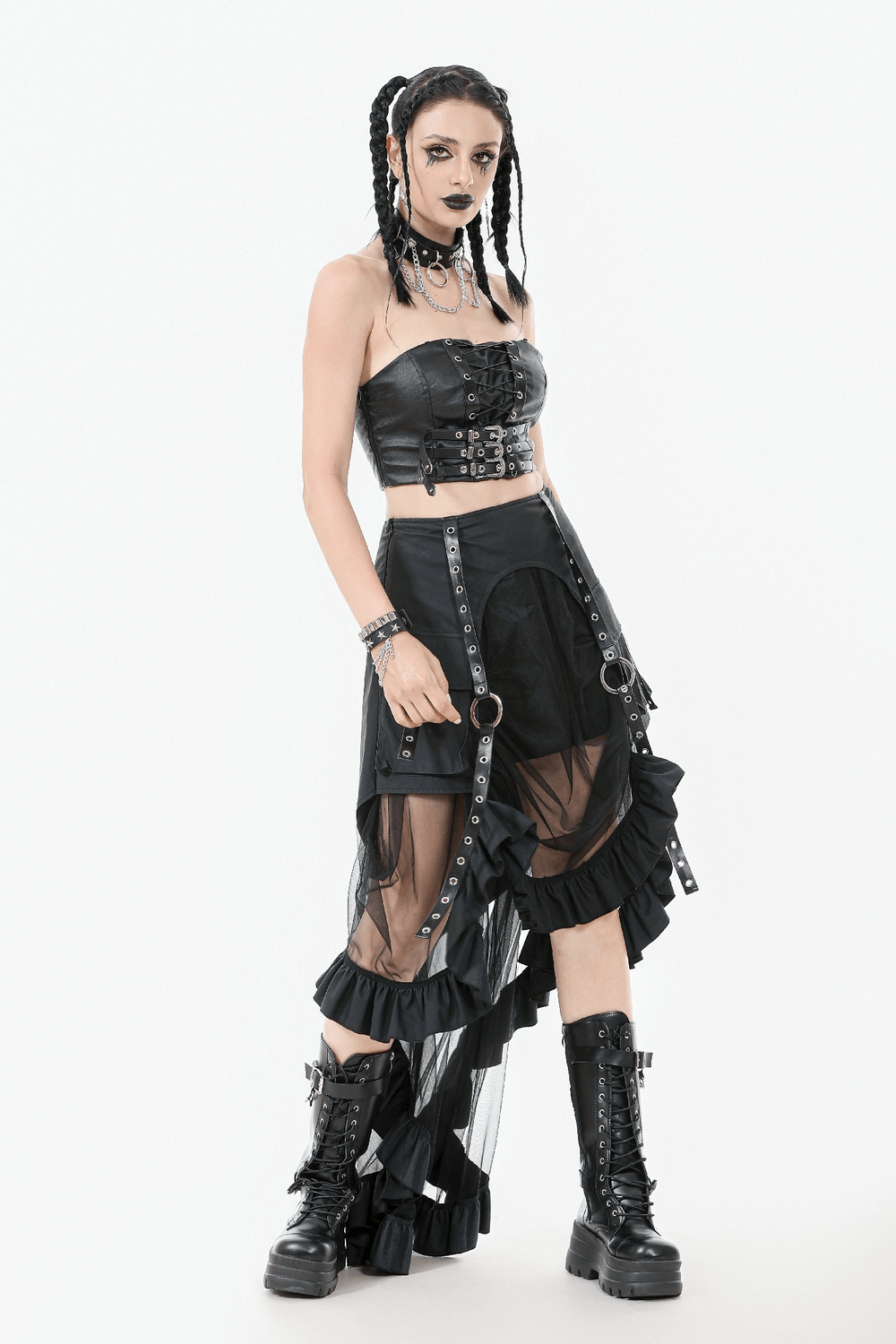 Gothic Punk Faux Leather Buckle and Lace Up Corset Top