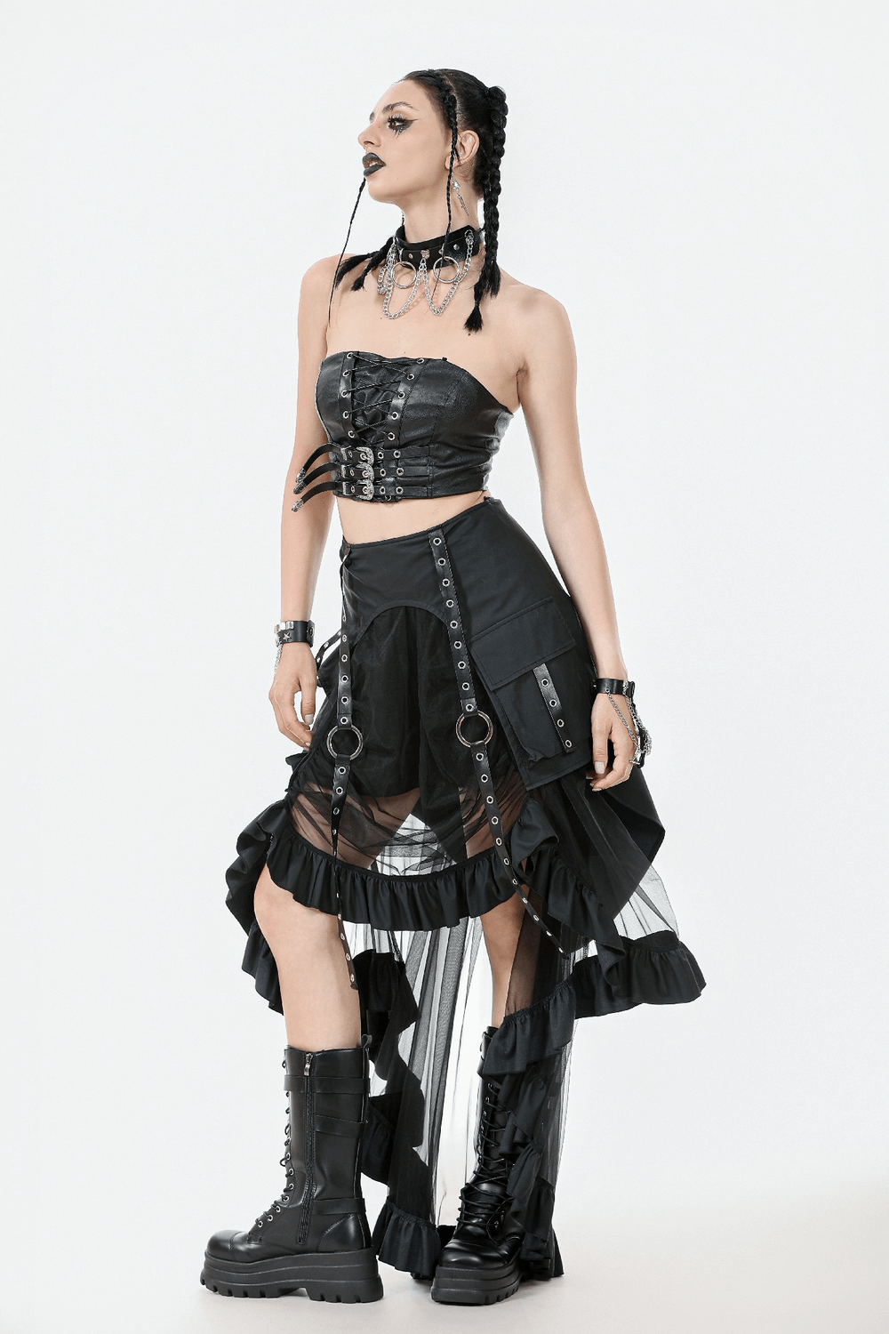Gothic Punk Faux Leather Buckle and Lace Up Corset Top