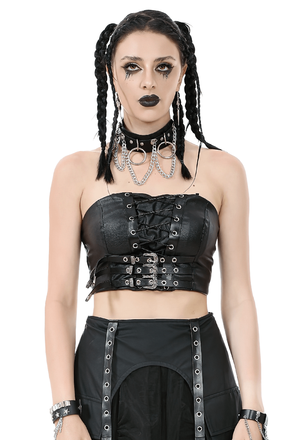 Gothic Punk Faux Leather Buckle and Lace Up Corset Top