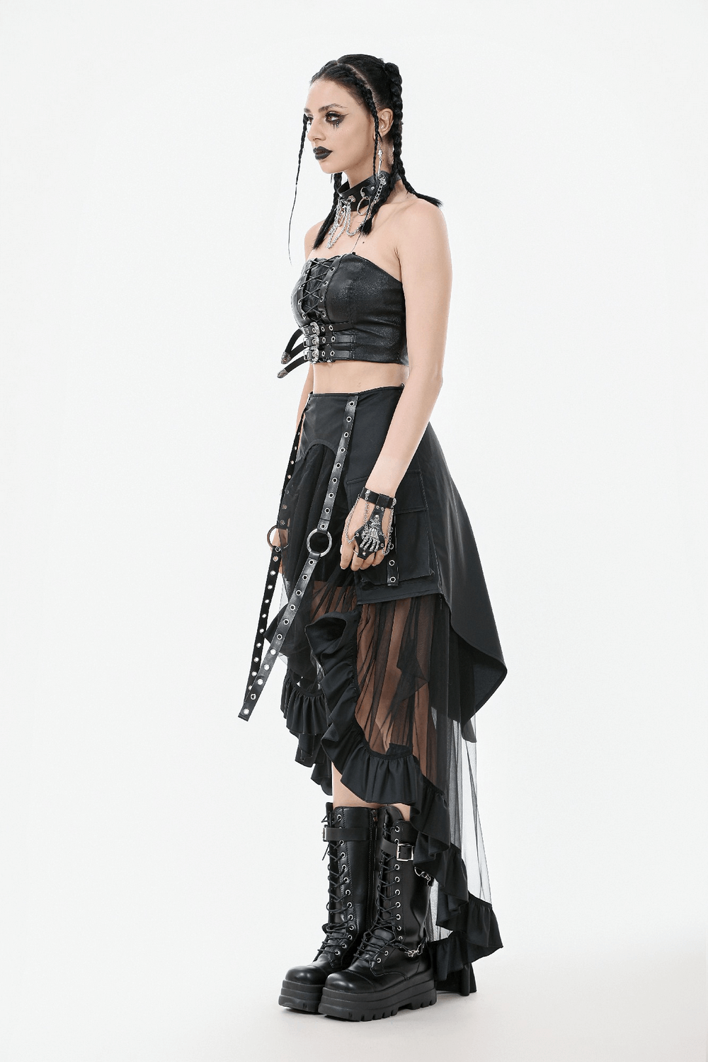 Gothic Punk Faux Leather Buckle and Lace Up Corset Top