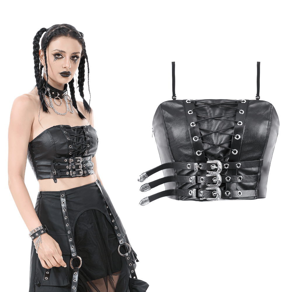 Gothic Punk Faux Leather Buckle and Lace Up Corset Top