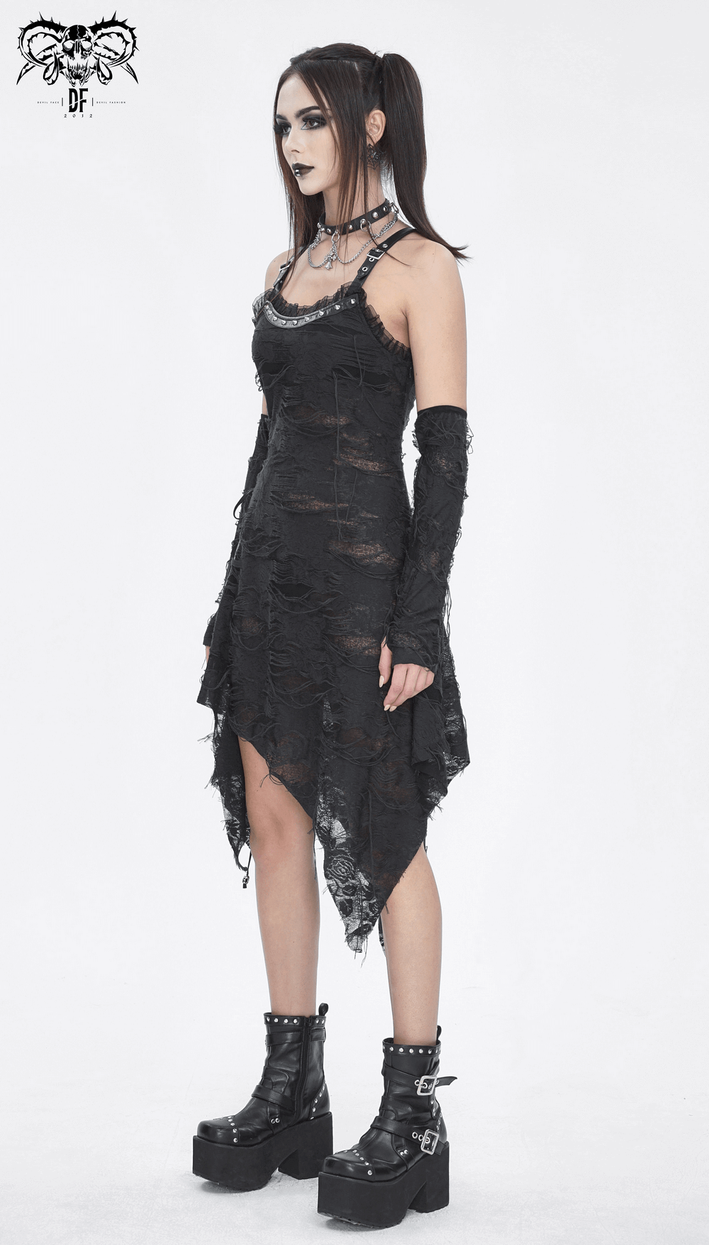 Gothic Punk Irregular Black Ripped Dress with Long Gloves