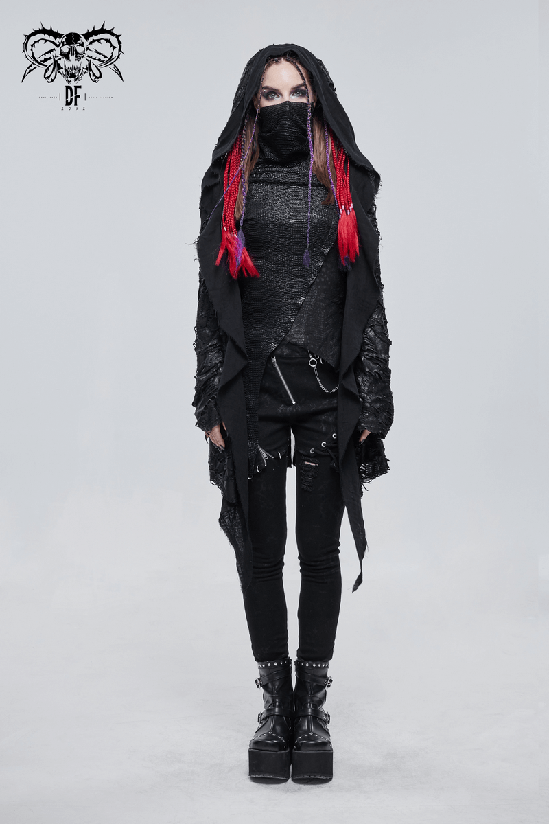 Gothic Punk Irregular Hooded Trench Coat / Stylish Loose Cape with Metal Pentagrams