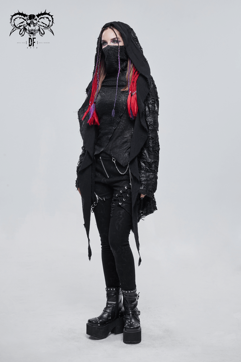 Gothic Punk Irregular Hooded Trench Coat / Stylish Loose Cape with Metal Pentagrams