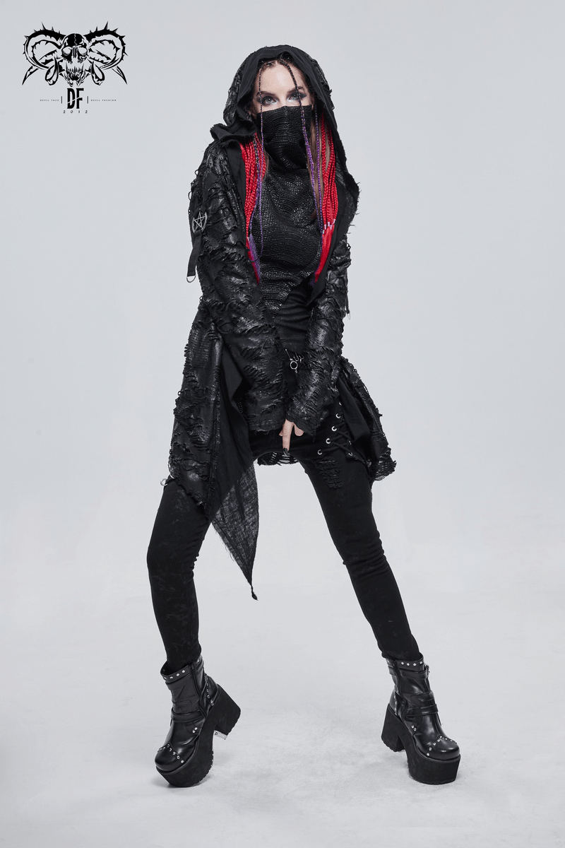 Gothic Punk Irregular Hooded Trench Coat / Stylish Loose Cape with Metal Pentagrams