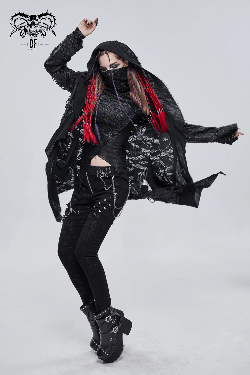 Gothic Punk Irregular Hooded Trench Coat / Stylish Loose Cape with Metal Pentagrams