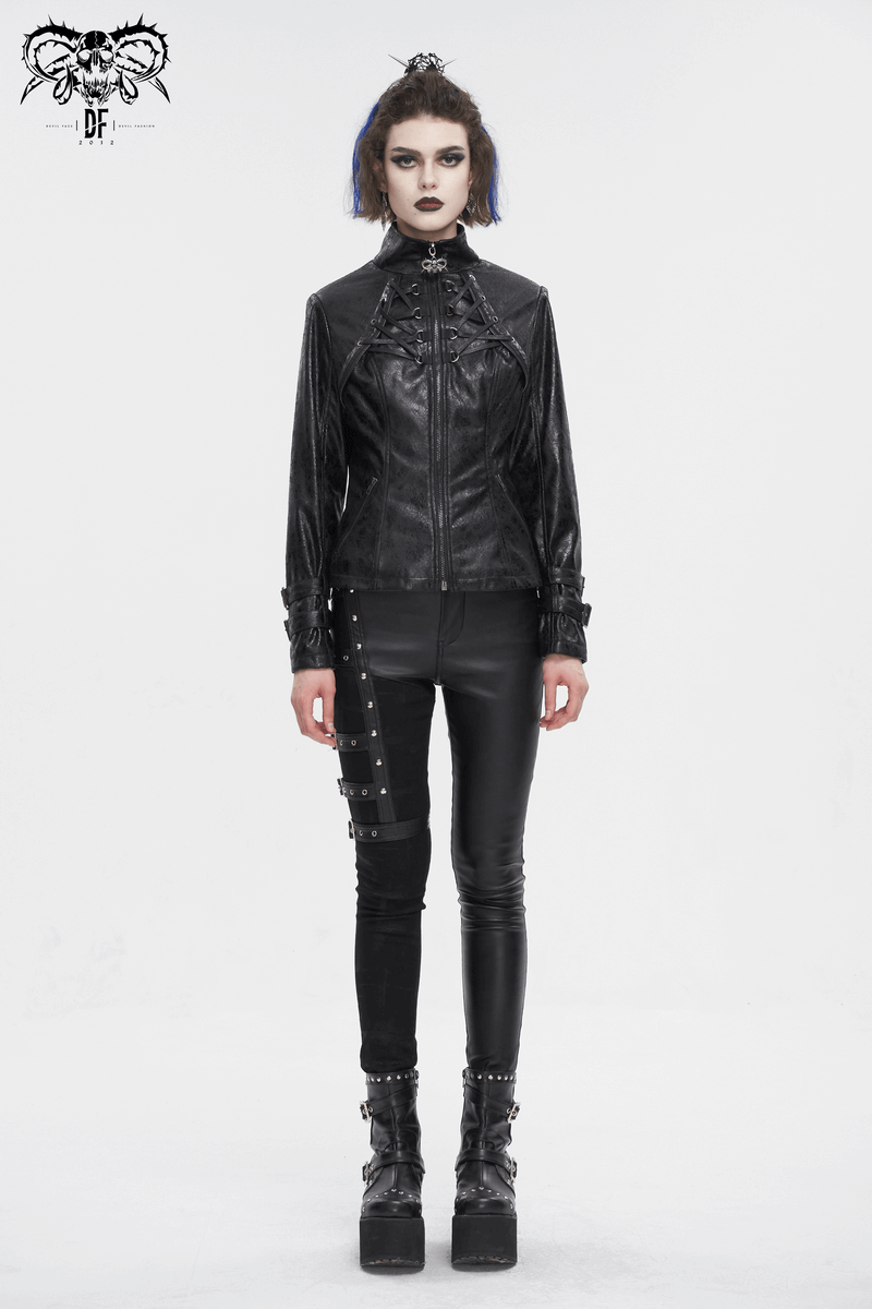 Gothic Punk Jacket with Double Buckle on Sleeves / Stand Collar Zipper Jackets