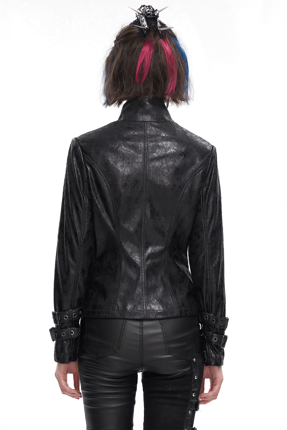 Gothic Punk Jacket with Double Buckle on Sleeves / Stand Collar Zipper Jackets