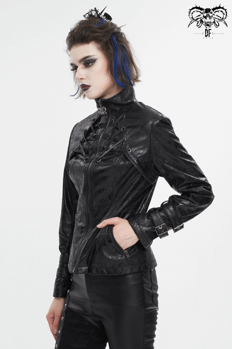 Gothic Punk Jacket with Double Buckle on Sleeves / Stand Collar Zipper Jackets
