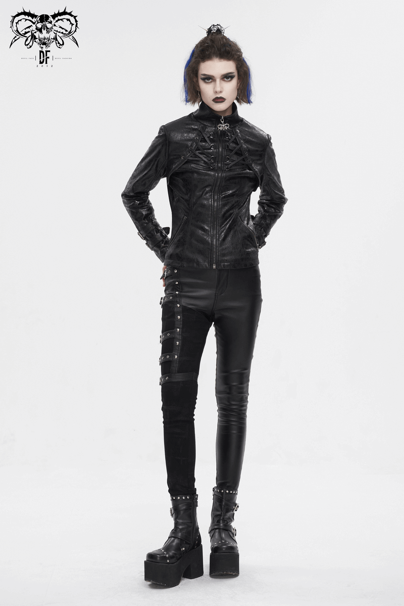 Gothic Punk Jacket with Double Buckle on Sleeves / Stand Collar Zipper Jackets