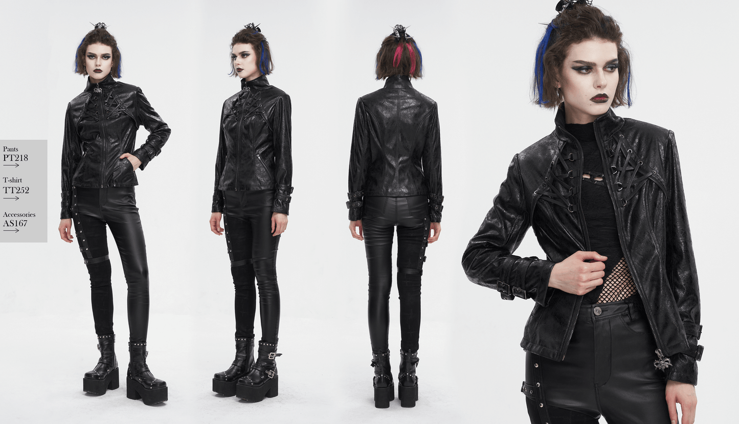 Gothic Punk Jacket with Double Buckle on Sleeves / Stand Collar Zipper Jackets