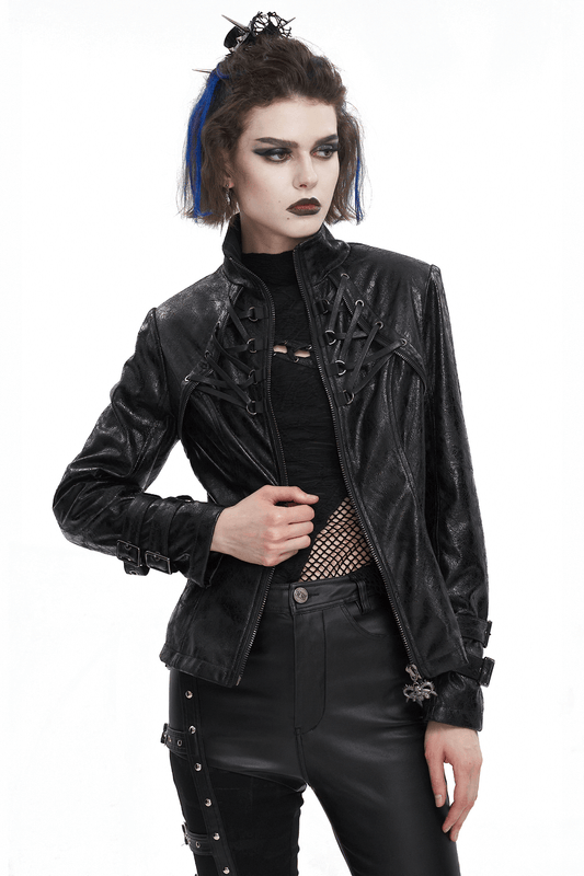 Gothic Punk Jacket with Double Buckle on Sleeves / Stand Collar Zipper Jackets
