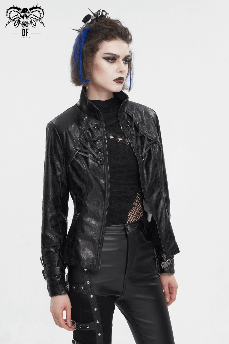 Gothic Punk Jacket with Double Buckle on Sleeves / Stand Collar Zipper Jackets