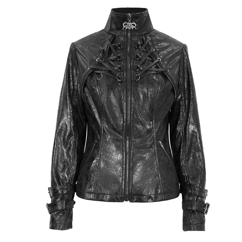 Gothic Punk Jacket with Double Buckle on Sleeves / Stand Collar Zipper Jackets