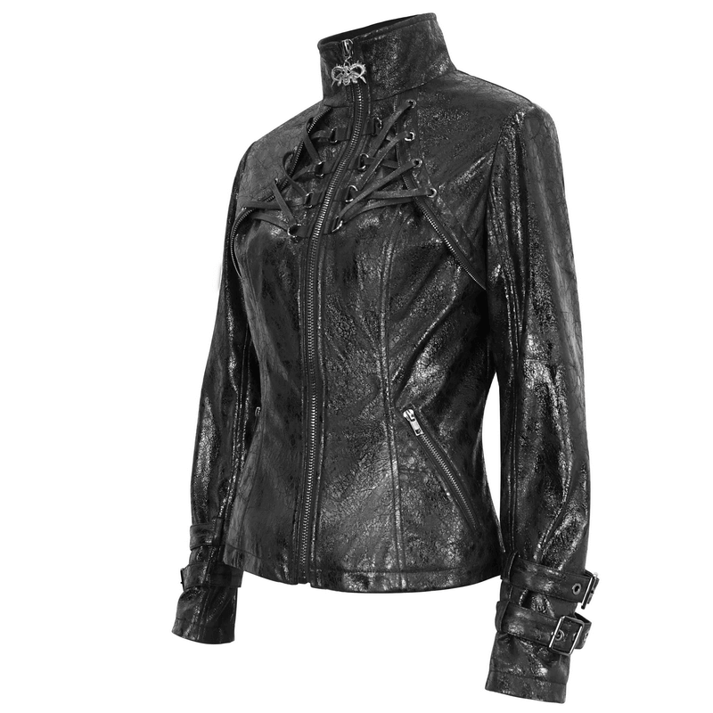 Gothic Punk Jacket with Double Buckle on Sleeves / Stand Collar Zipper Jackets