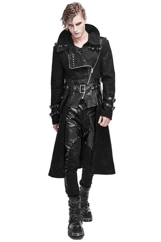 Gothic Punk Long Trench Coat With Pocket / Men's Assymetrical Coat With Zipper and Buckles