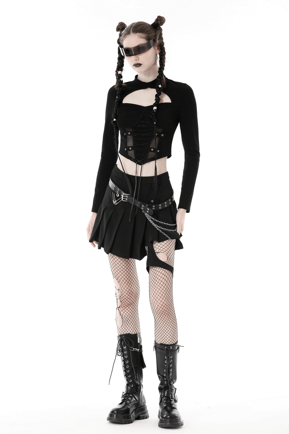 Gothic Punk Mesh Cutout Long Sleeves Lace-Up Crop Top
