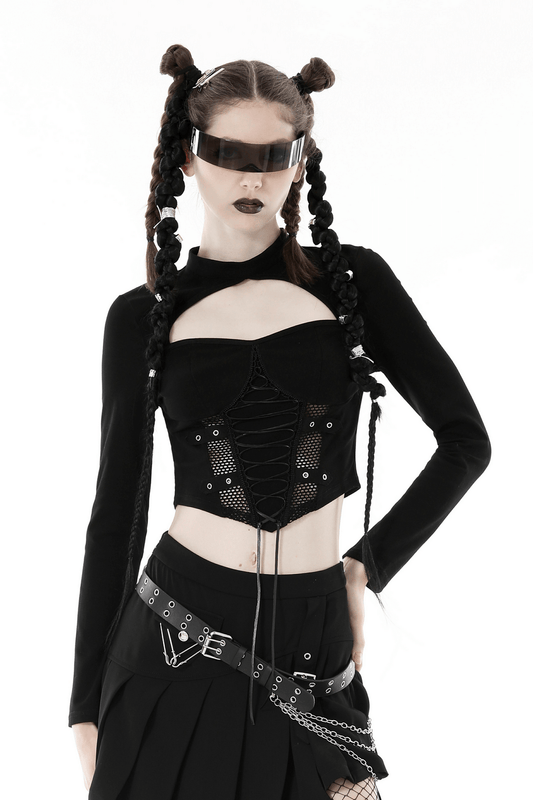 Gothic Punk Mesh Cutout Long Sleeves Lace-Up Crop Top