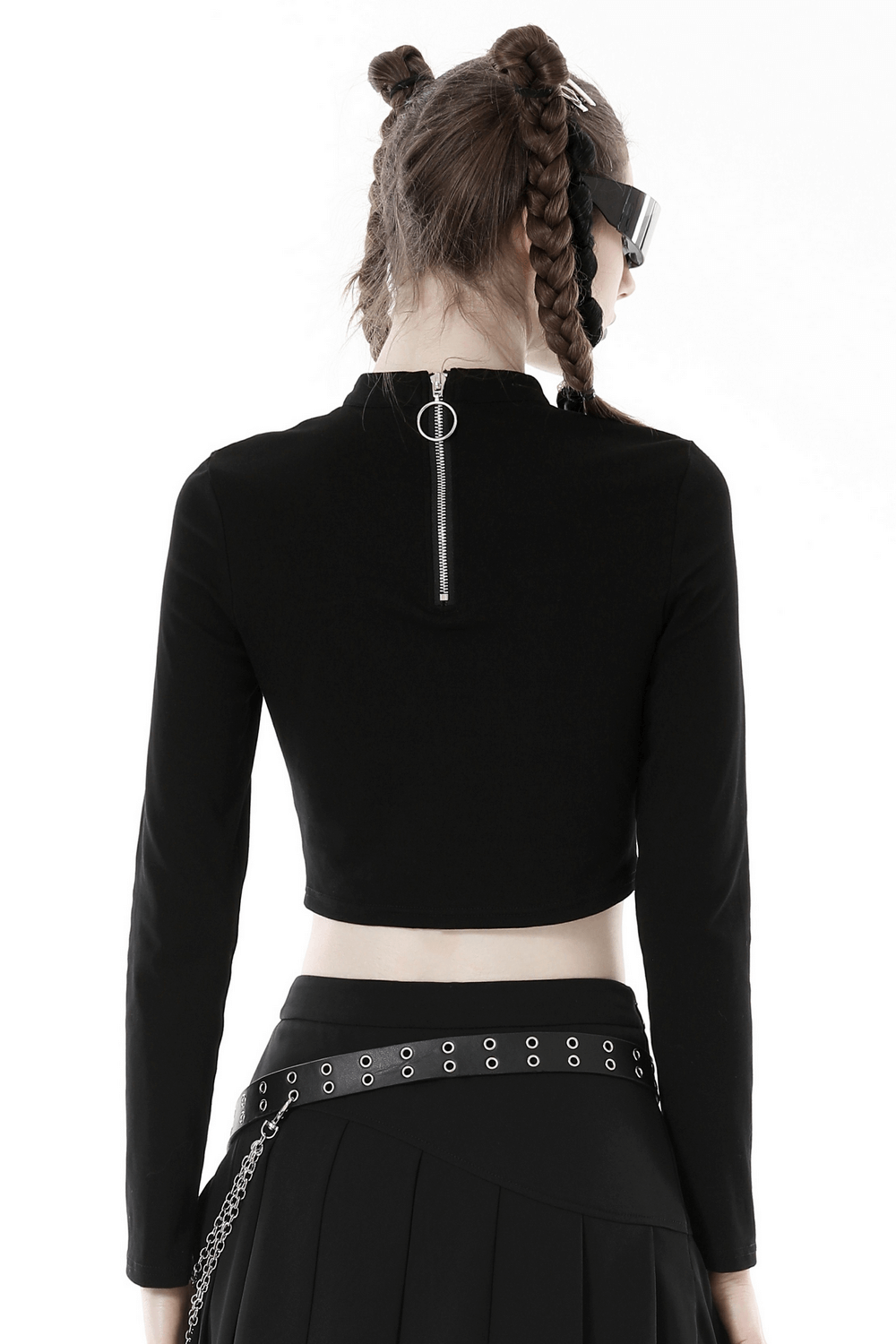 Gothic Punk Mesh Cutout Long Sleeves Lace-Up Crop Top