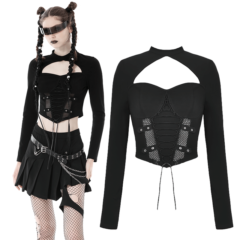 Gothic Punk Mesh Cutout Long Sleeves Lace-Up Crop Top