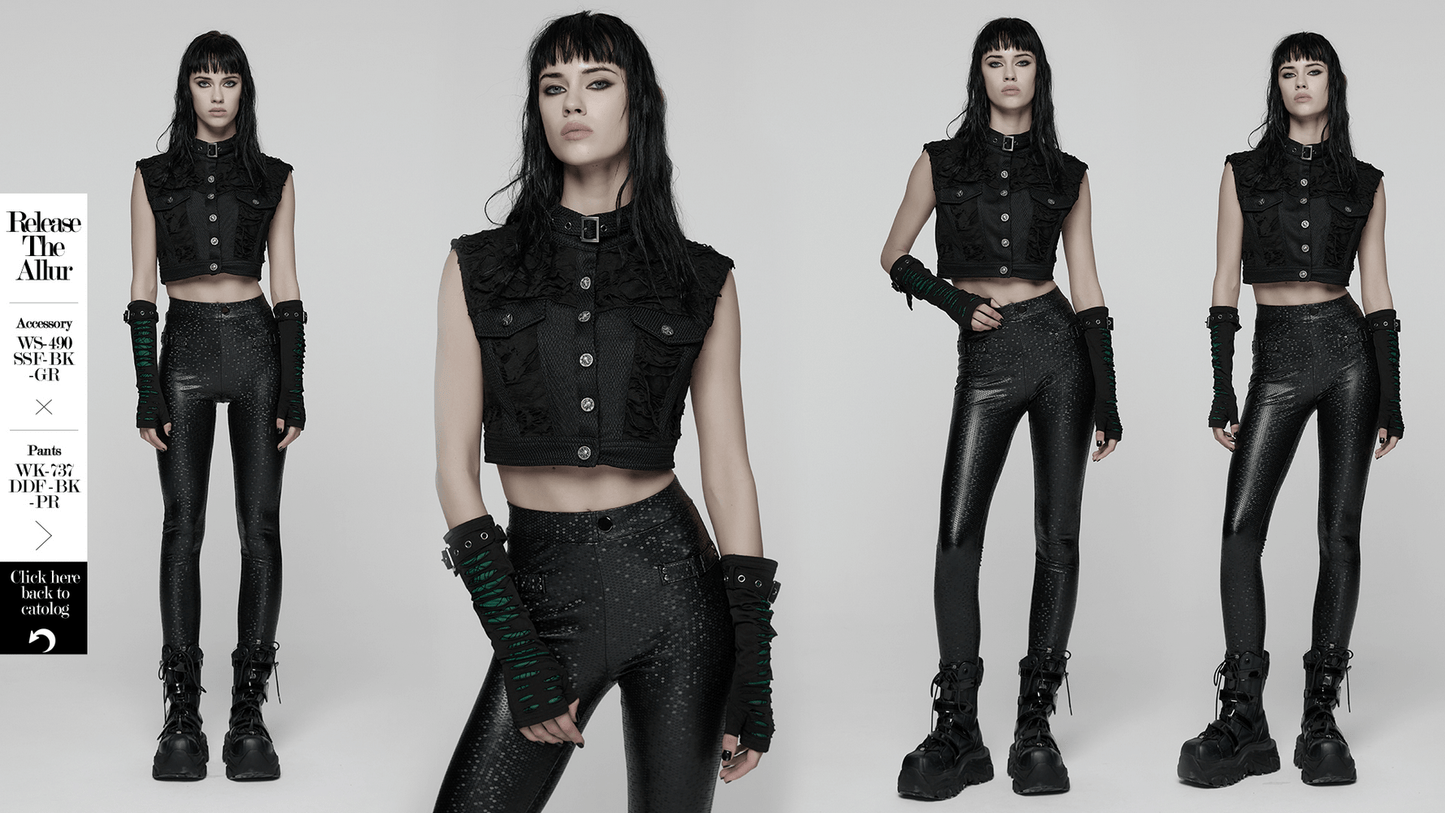 Gothic Punk Mesh Short Vest with Skull Buttons