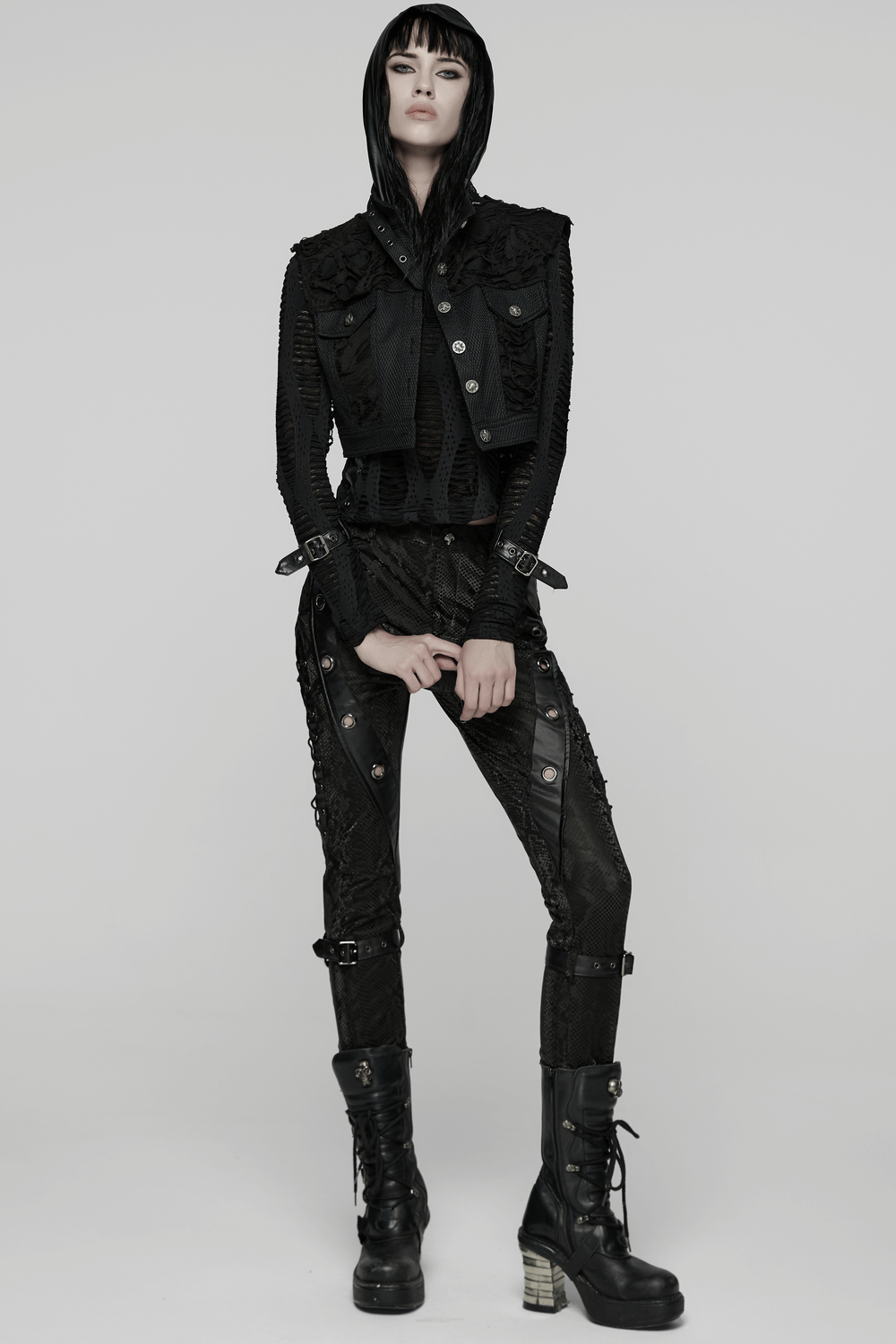 Gothic Punk Mesh Short Vest with Skull Buttons