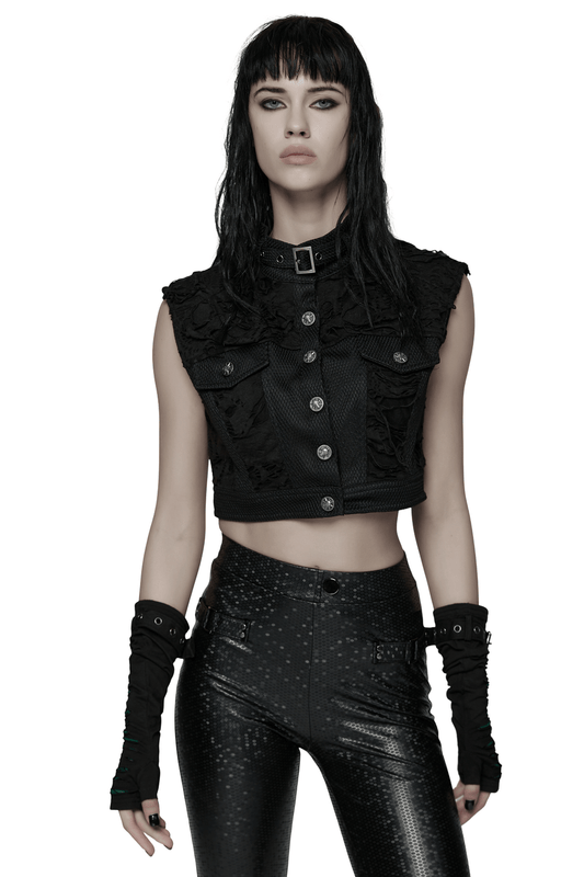 Gothic Punk Mesh Short Vest with Skull Buttons