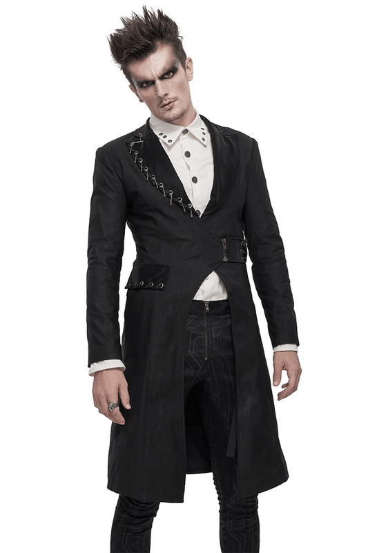 Gothic Punk Mid-Length Black Coat / Men's Slim fit Coat With Pins and Lace-up