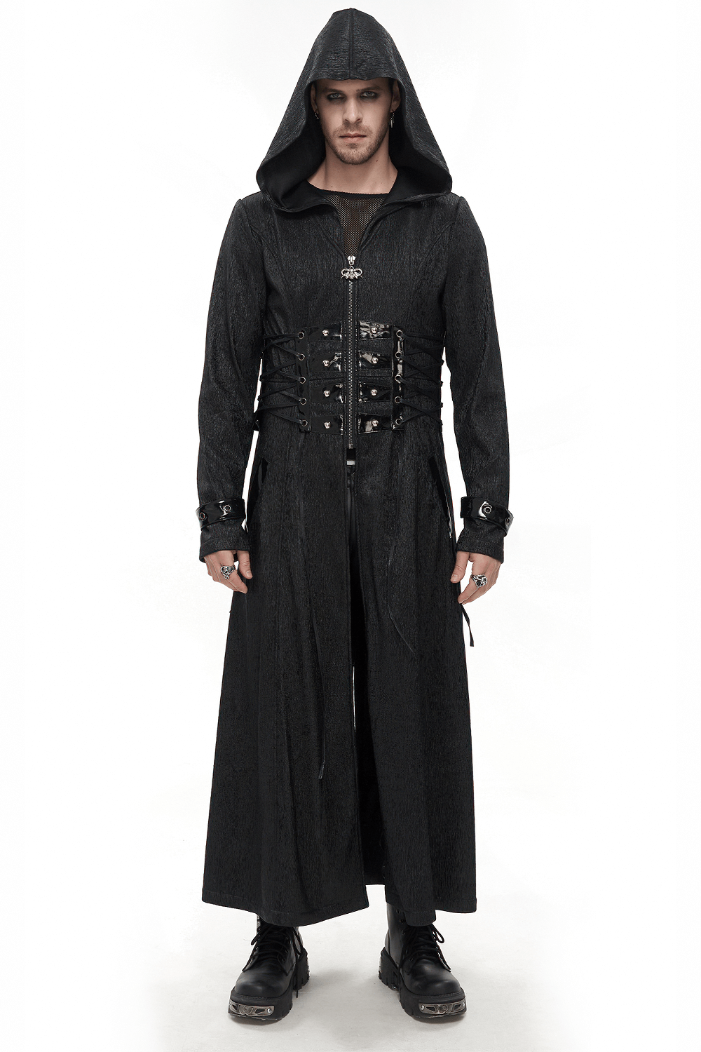 Gothic Punk Rivet Hooded Long Coat For Men / Zipper Black Coats with Lace-up Accents on Waist
